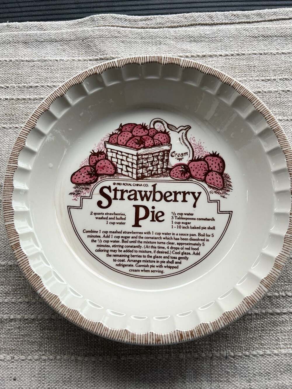 Vintage 1983 Royal China Co. Country Harvest Strawberry Pie Recipe Ceramic Pie P